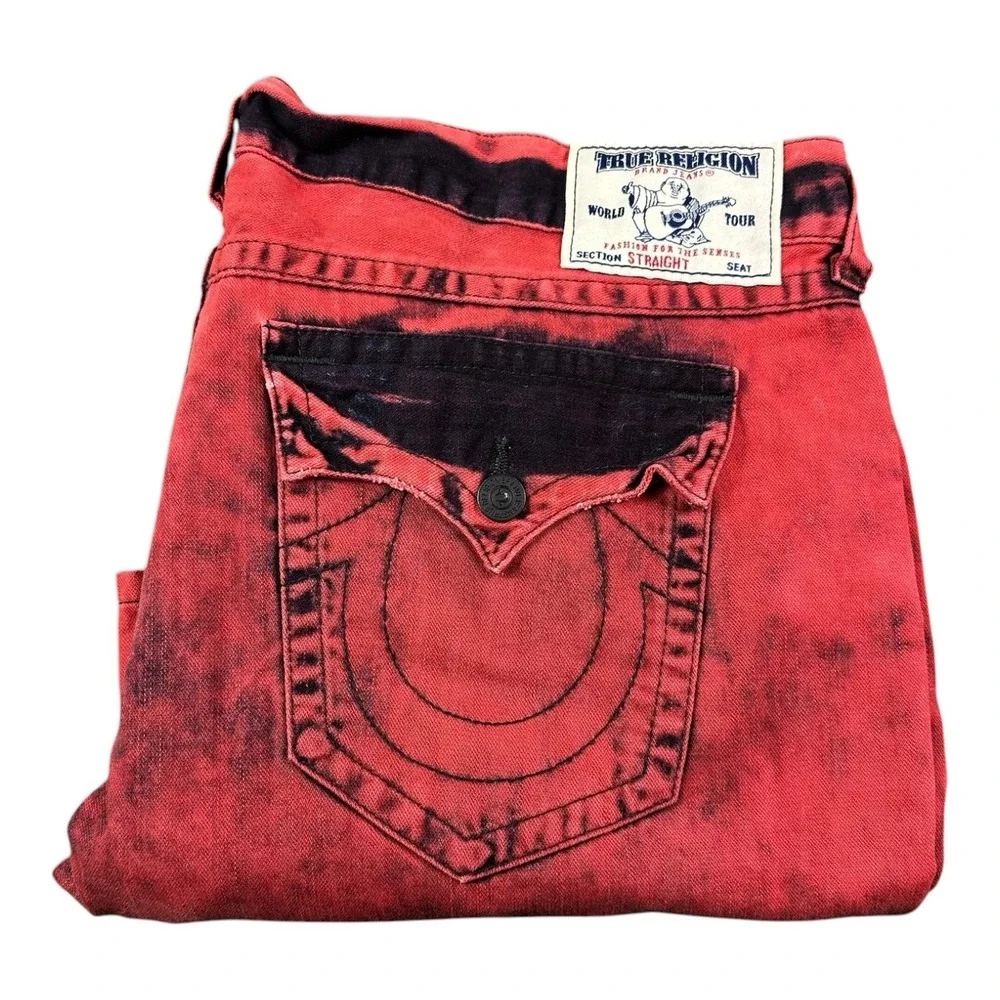 True Relgion Red Black Dyed Straight Flap Mens Jeans Size 44x30
